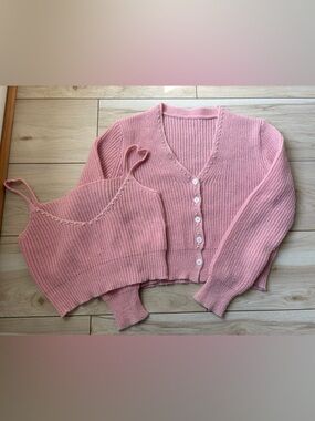 Pink Knit Cardigan & Tank Set Womens Size M Pearl Trim Matching Set Soft Girl